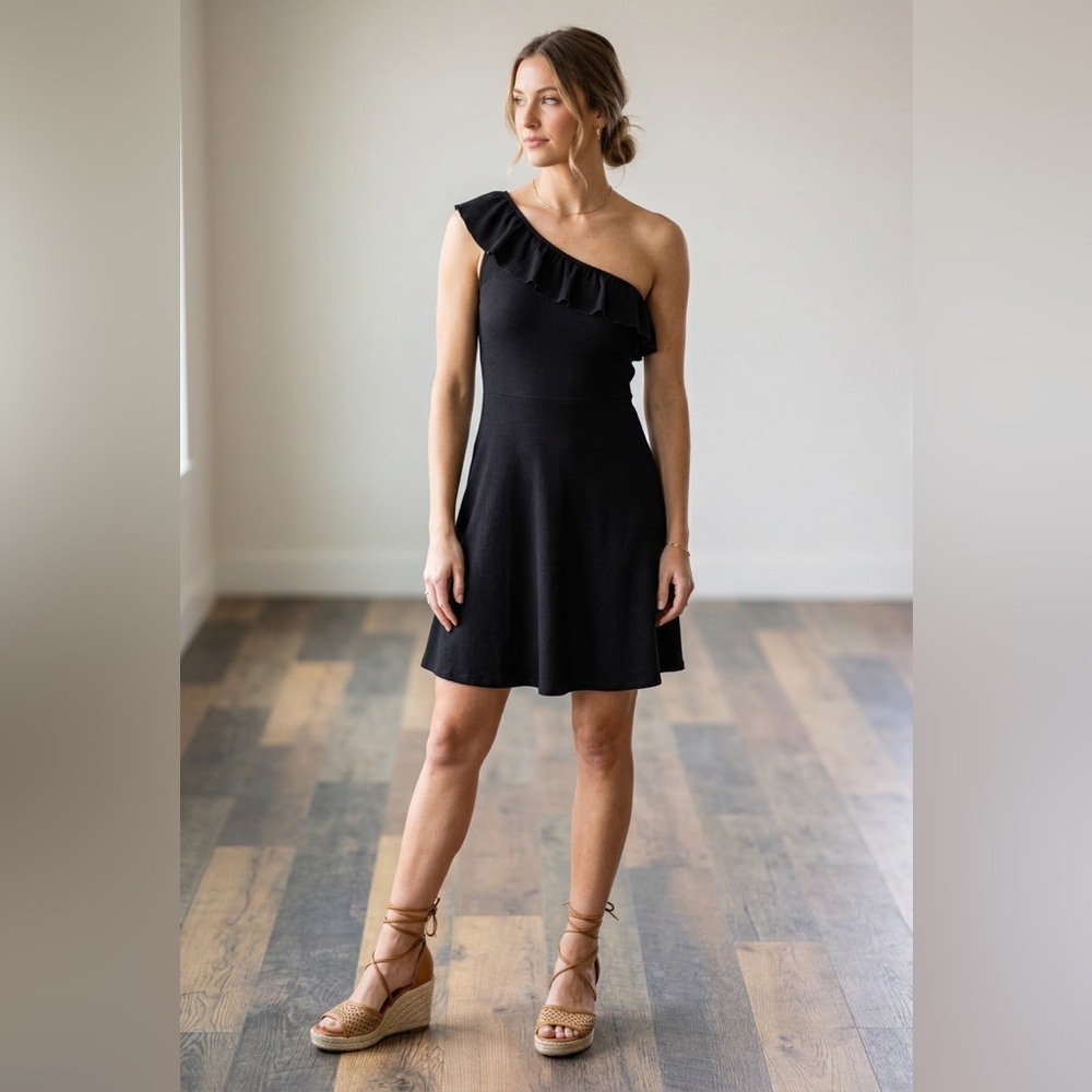 Blue Rain One-Shoulder Black Ruffle Skater Dress